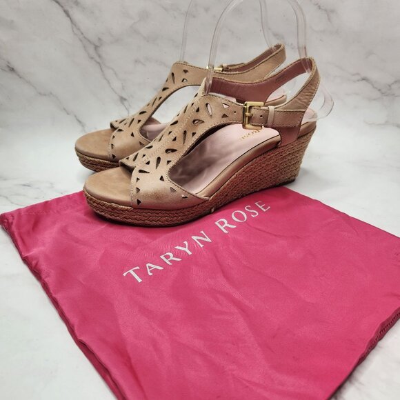 Taryn Rose Tan Leather Espadrille Wedges Sandals Laser Cut W/ Dust Bag 7.5 - Picture 1 of 9